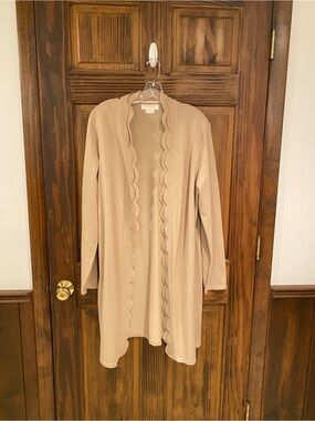 CocoBleu New York Lightweight Scallop-Edge Open Cardigan - Beige Long Sleeve, XL
